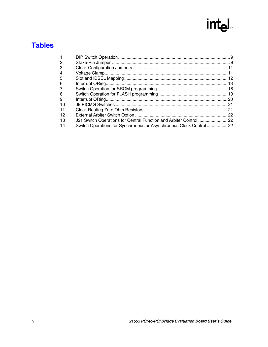 Intel 21555 manual Tables 