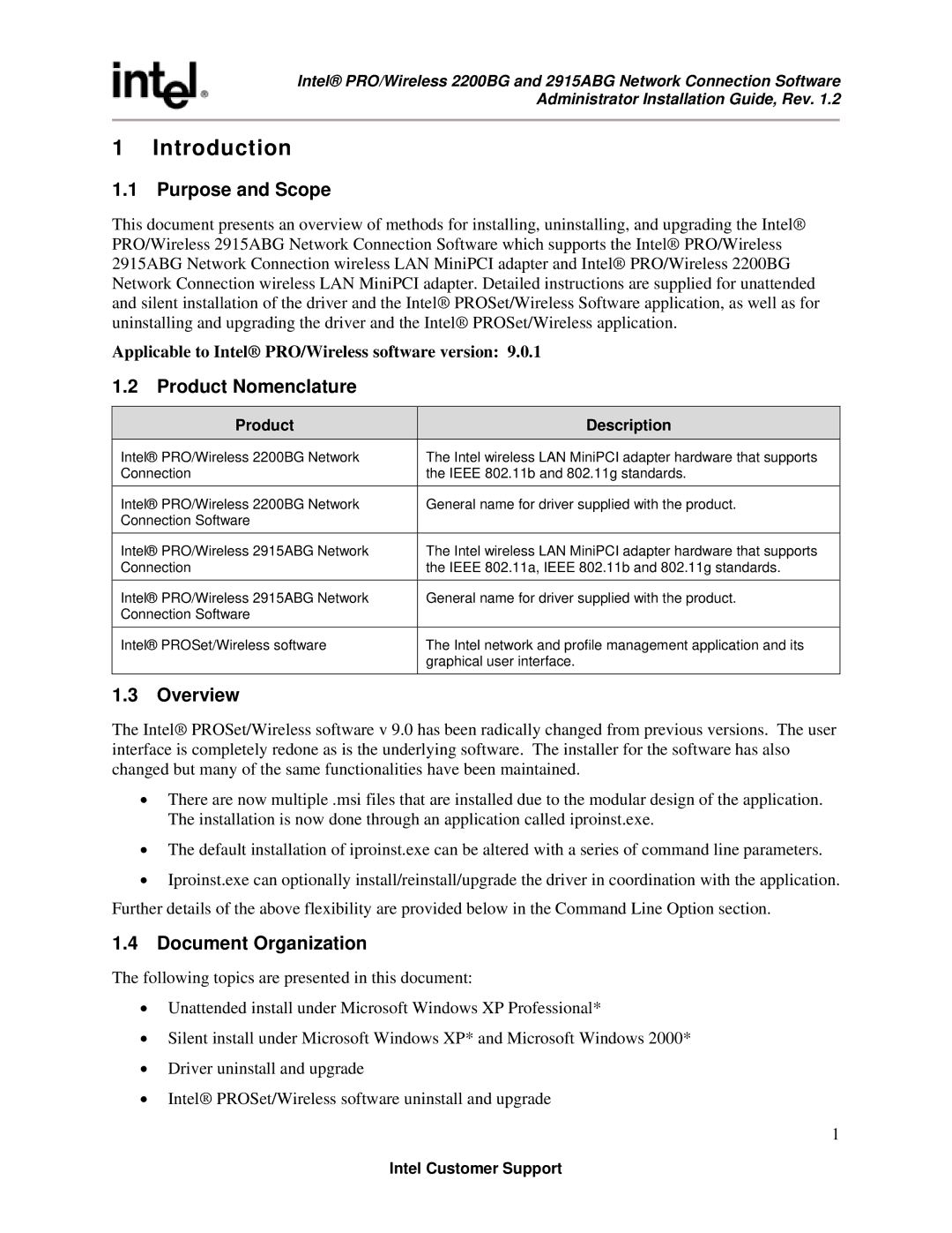 Intel 2915ABG, 2200BG manual Introduction, Purpose and Scope, Product Nomenclature, Overview, Document Organization 