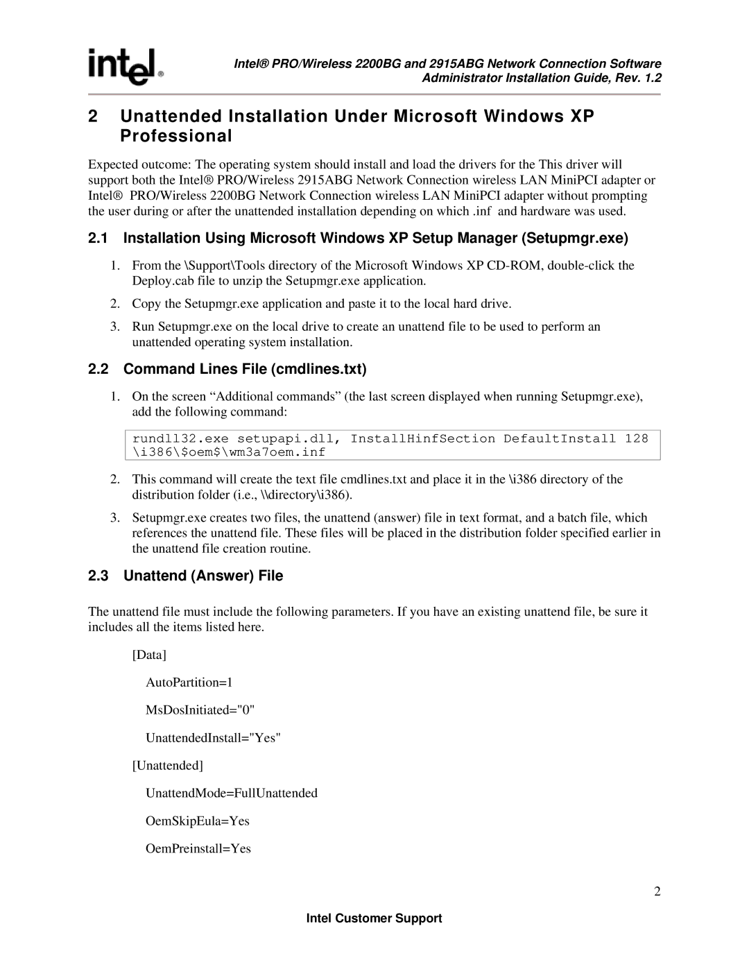 Intel 2200BG, 2915ABG manual Command Lines File cmdlines.txt, Unattend Answer File 