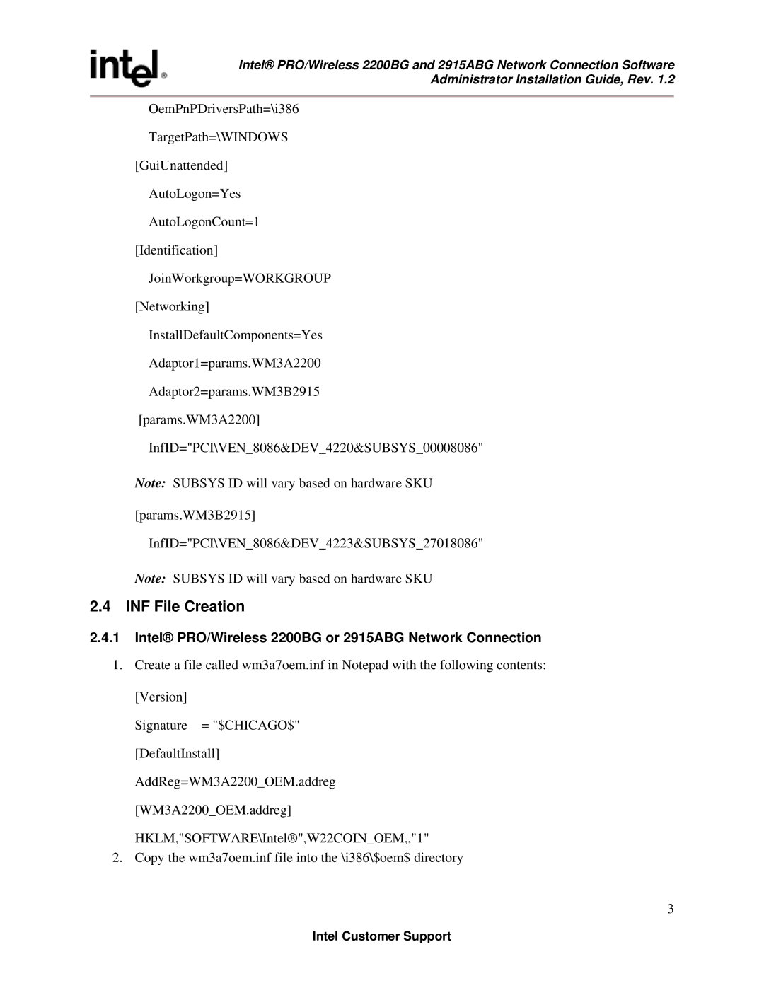 Intel manual INF File Creation, Intel PRO/Wireless 2200BG or 2915ABG Network Connection 