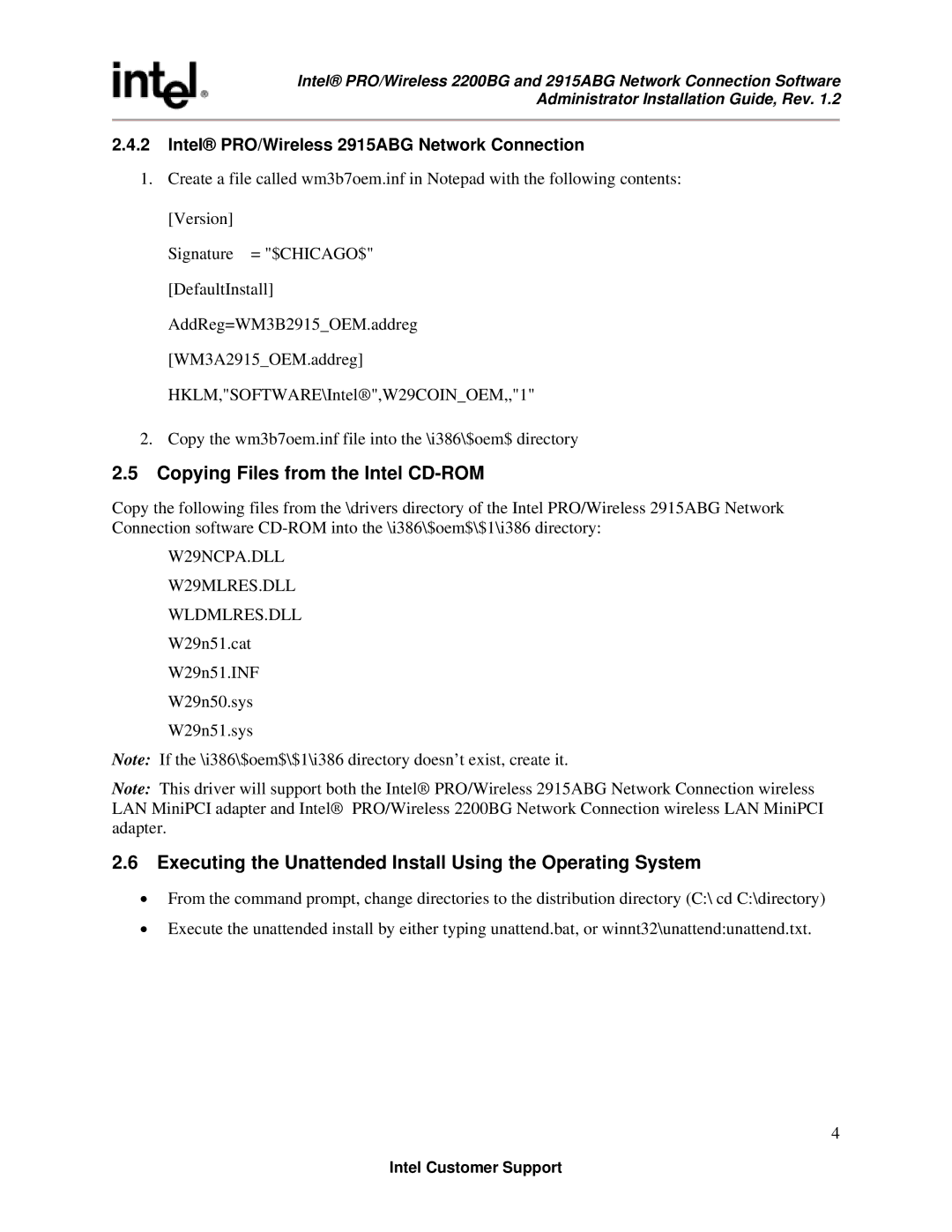 Intel 2200BG, 2915ABG Copying Files from the Intel CD-ROM, Executing the Unattended Install Using the Operating System 