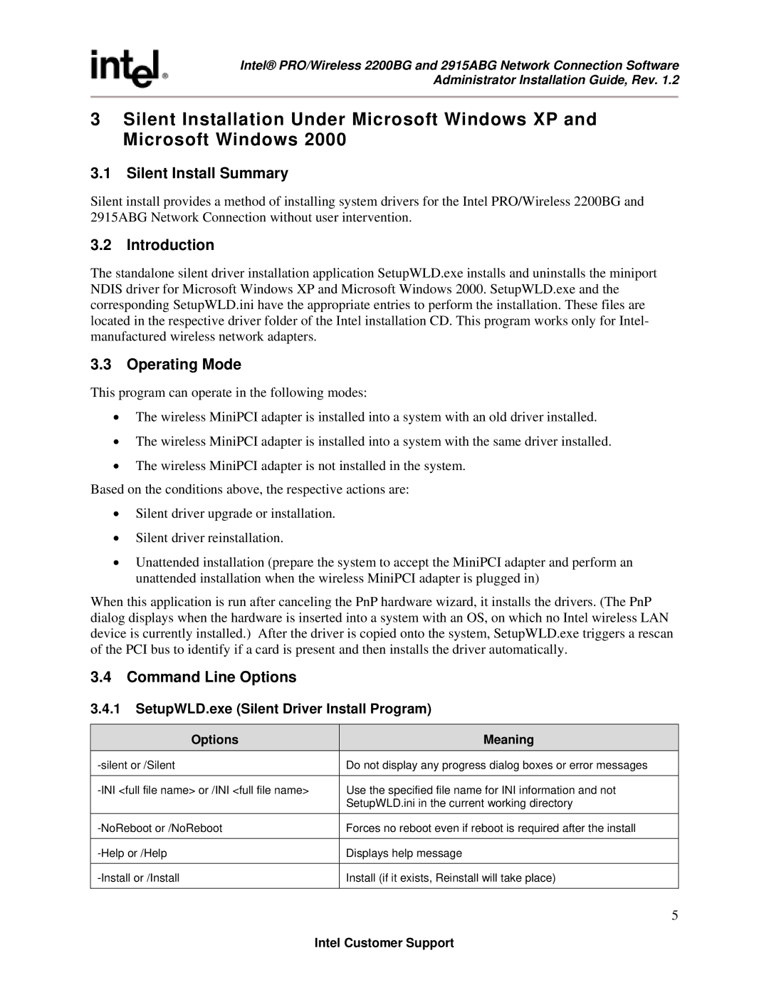 Intel 2915ABG, 2200BG manual Silent Install Summary, Introduction, Operating Mode, Command Line Options 