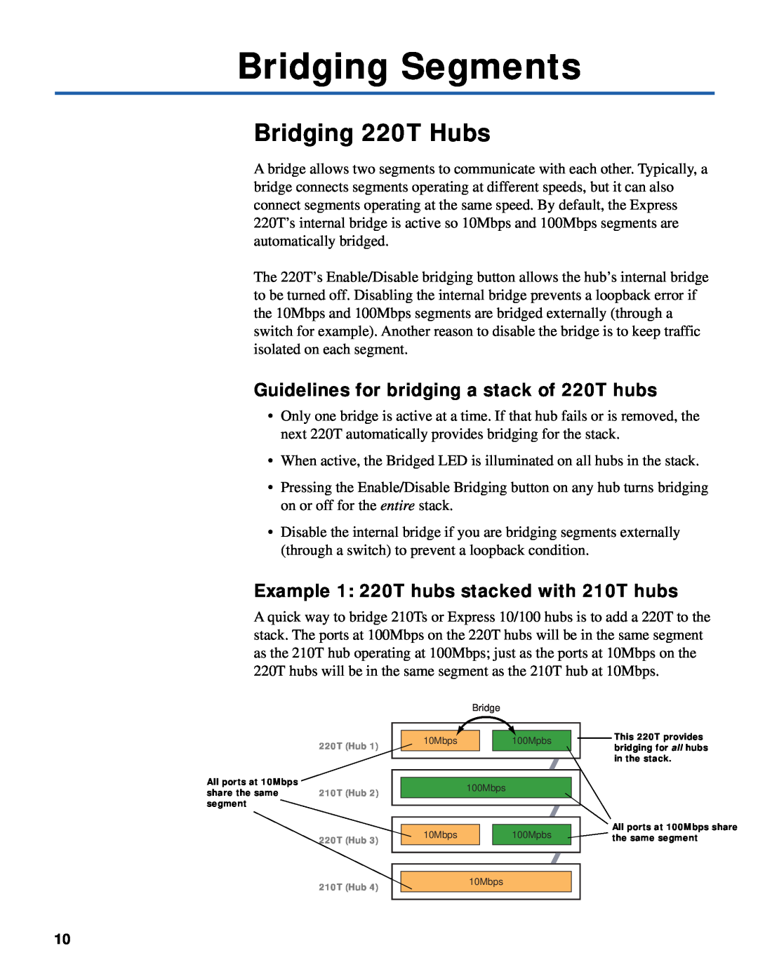 Intel 210T manual Bridging Segments, Bridging 220T Hubs, Guidelines for bridging a stack of 220T hubs 