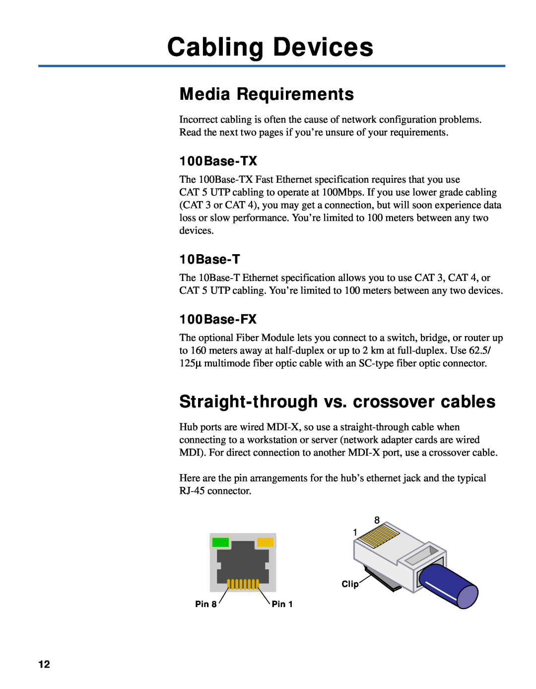 Intel 220T Cabling Devices, Media Requirements, Straight-through vs. crossover cables, 100Base-TX, 10Base-T, 100Base-FX 