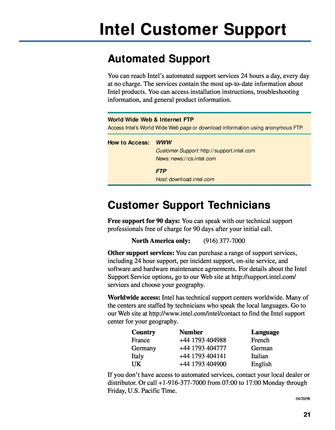 Intel 210T Intel Customer Support, Automated Support, Customer Support Technicians, World Wide Web & Internet FTP, Country 