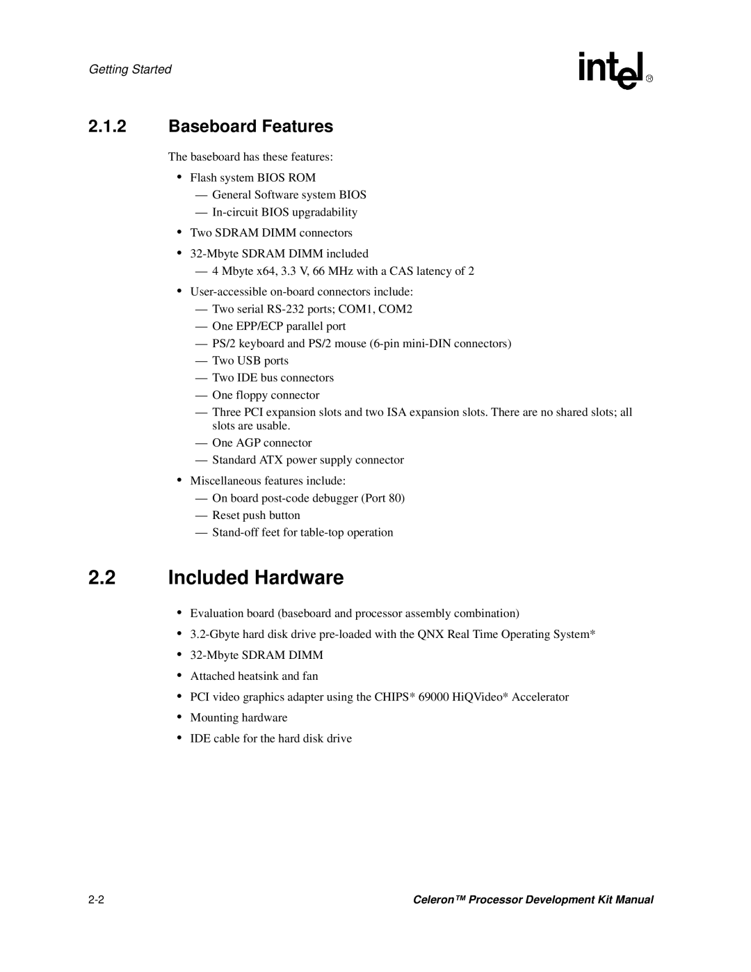 Intel 273246-002 manual Included Hardware, Baseboard Features 