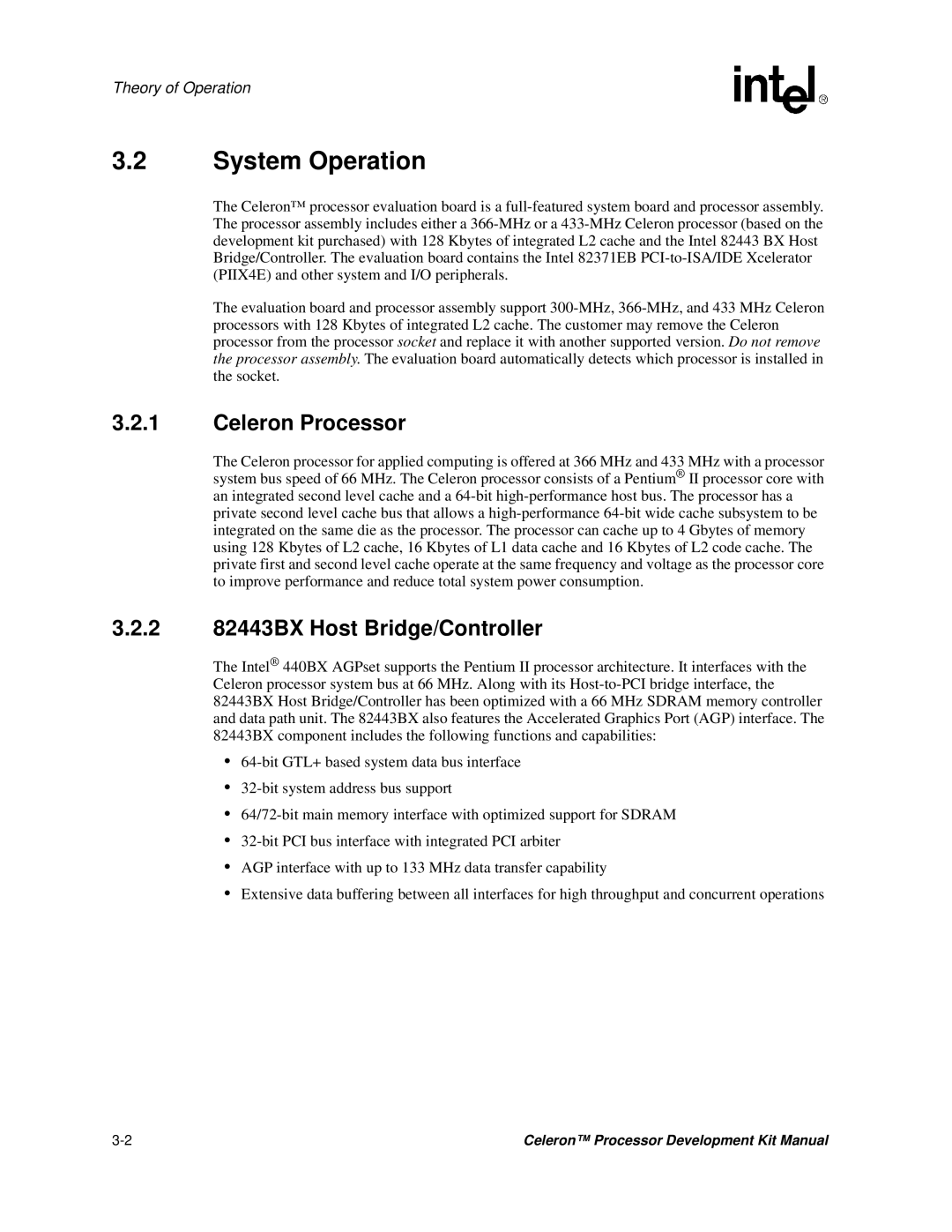 Intel 273246-002 manual System Operation, Celeron Processor, 2 82443BX Host Bridge/Controller 