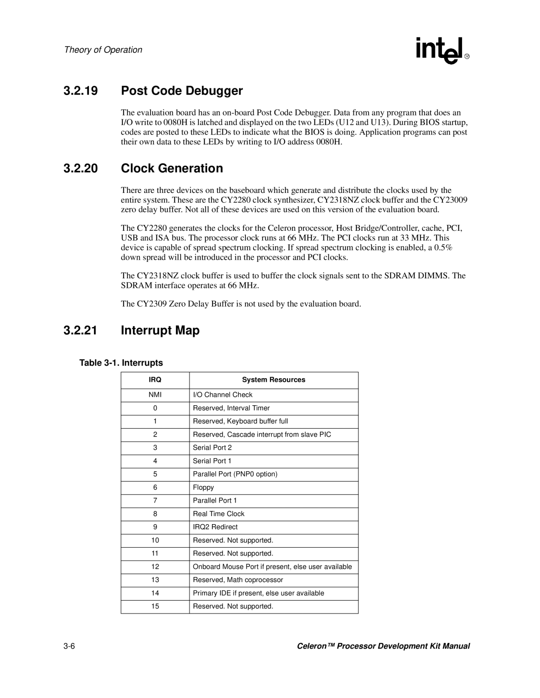 Intel 273246-002 manual Post Code Debugger, Clock Generation, Interrupt Map, Interrupts, System Resources 