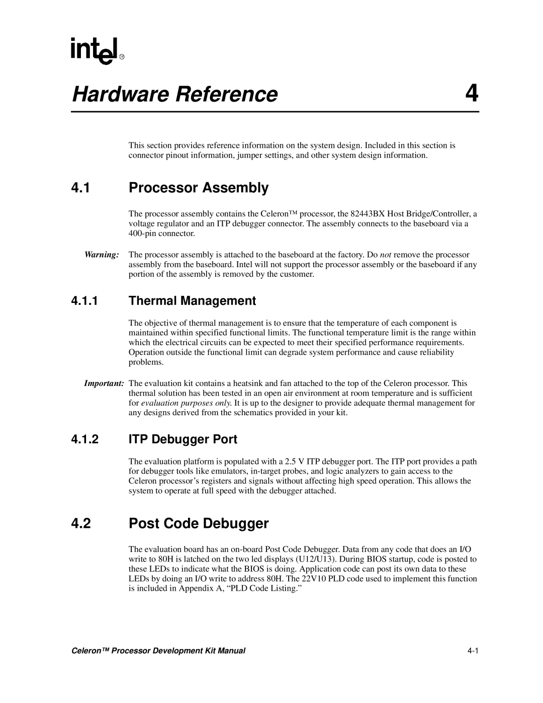 Intel 273246-002 manual Processor Assembly, Post Code Debugger, Thermal Management, ITP Debugger Port 