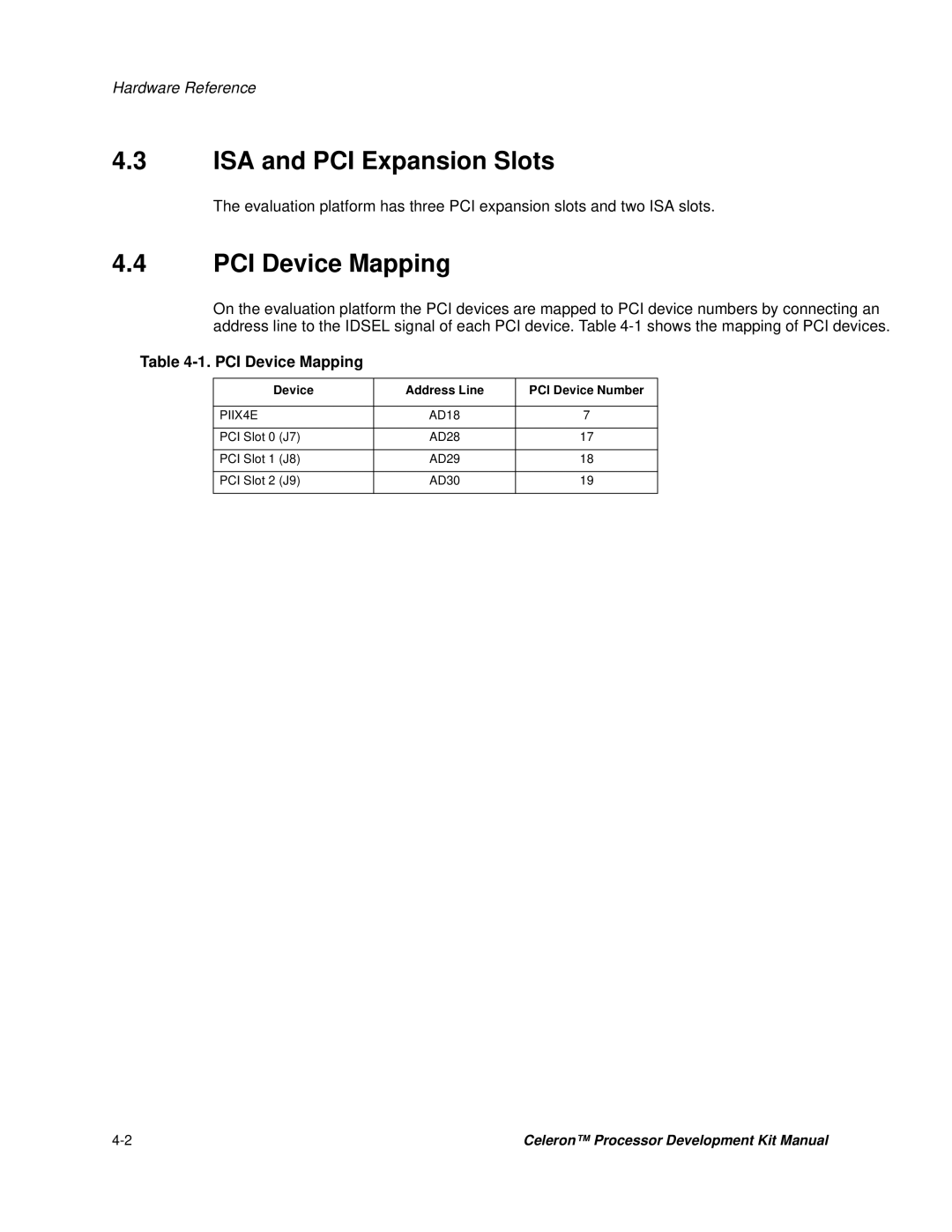 Intel 273246-002 manual ISA and PCI Expansion Slots, PCI Device Mapping, Device Address Line PCI Device Number 