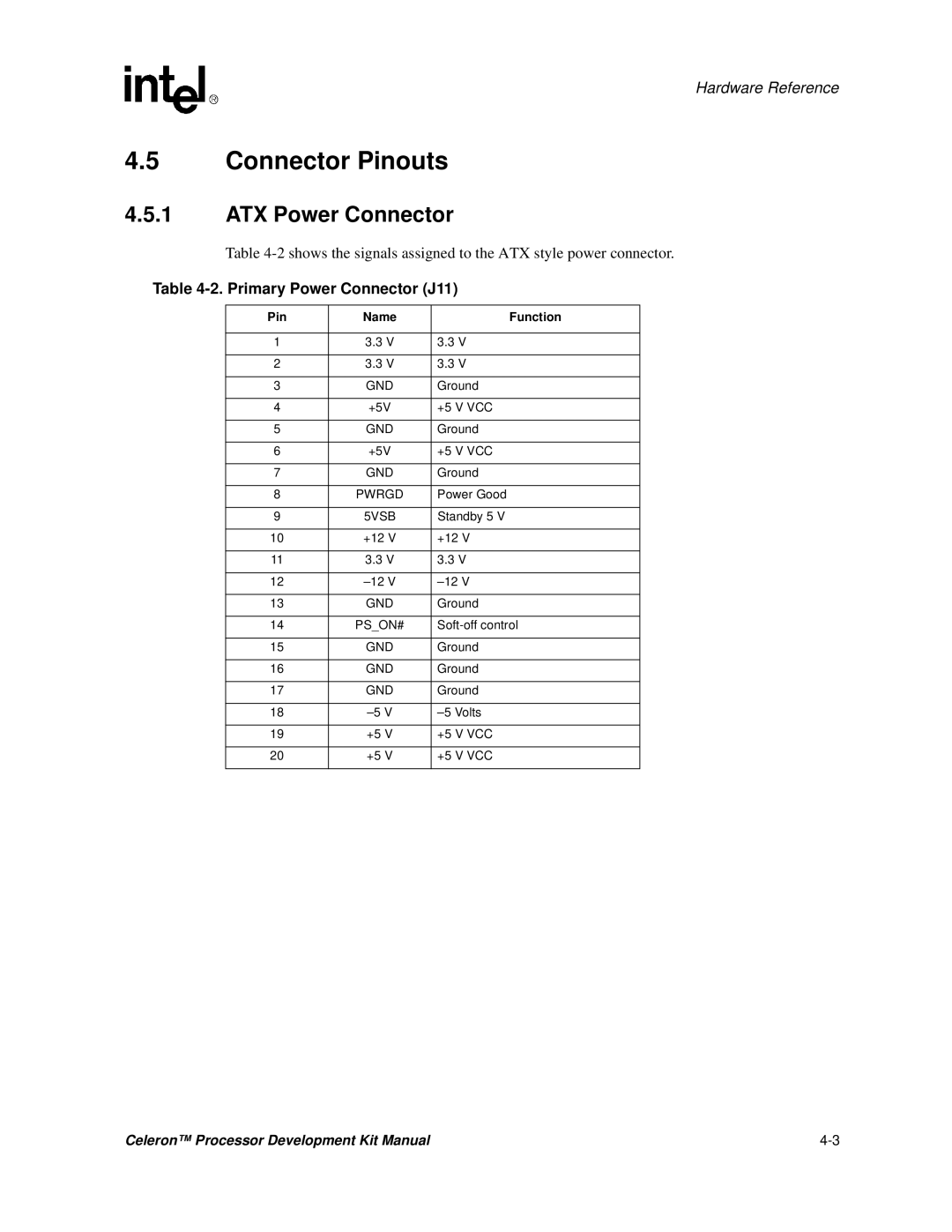 Intel 273246-002 manual Connector Pinouts, ATX Power Connector, Primary Power Connector J11, Pin Name Function 