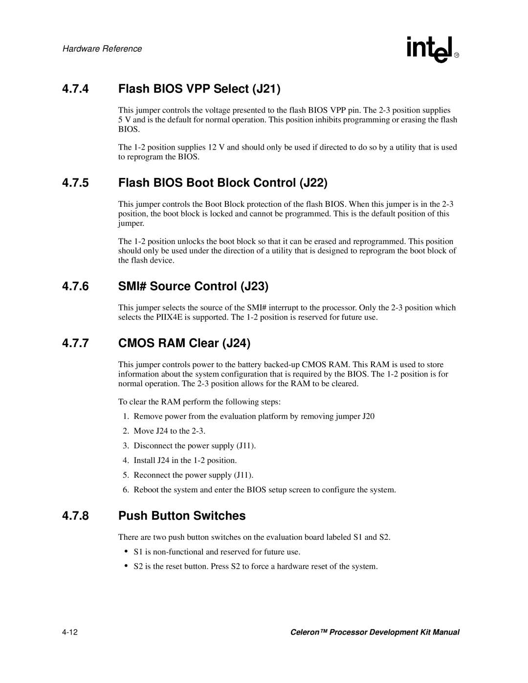 Intel 273246-002 manual Flash Bios VPP Select J21, Flash Bios Boot Block Control J22, 6 SMI# Source Control J23 