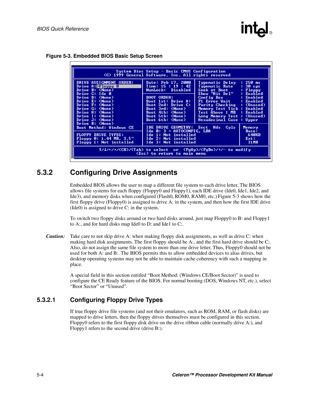 Intel 273246-002 manual Configuring Drive Assignments, Embedded Bios Basic Setup Screen 