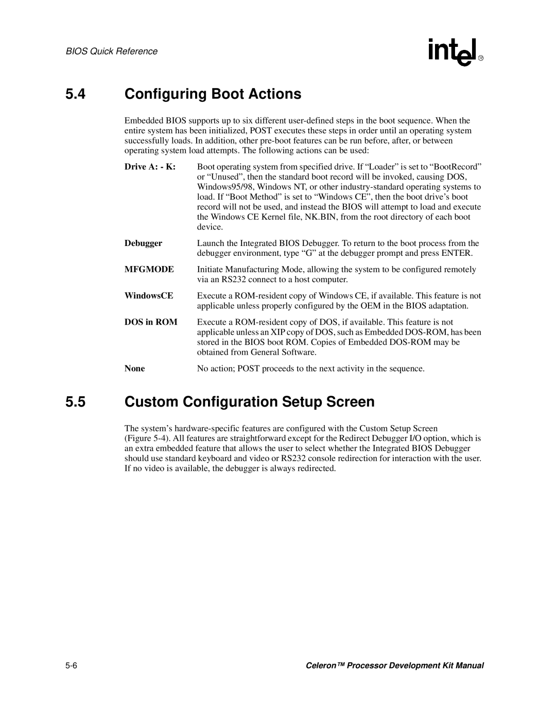 Intel 273246-002 manual Configuring Boot Actions, Custom Configuration Setup Screen 