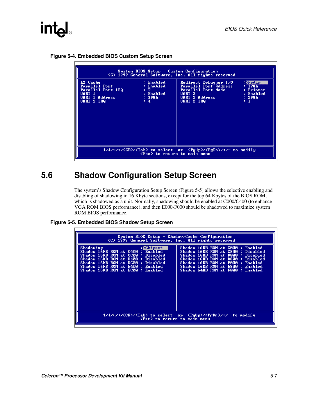 Intel 273246-002 manual Shadow Configuration Setup Screen, Embedded Bios Custom Setup Screen 