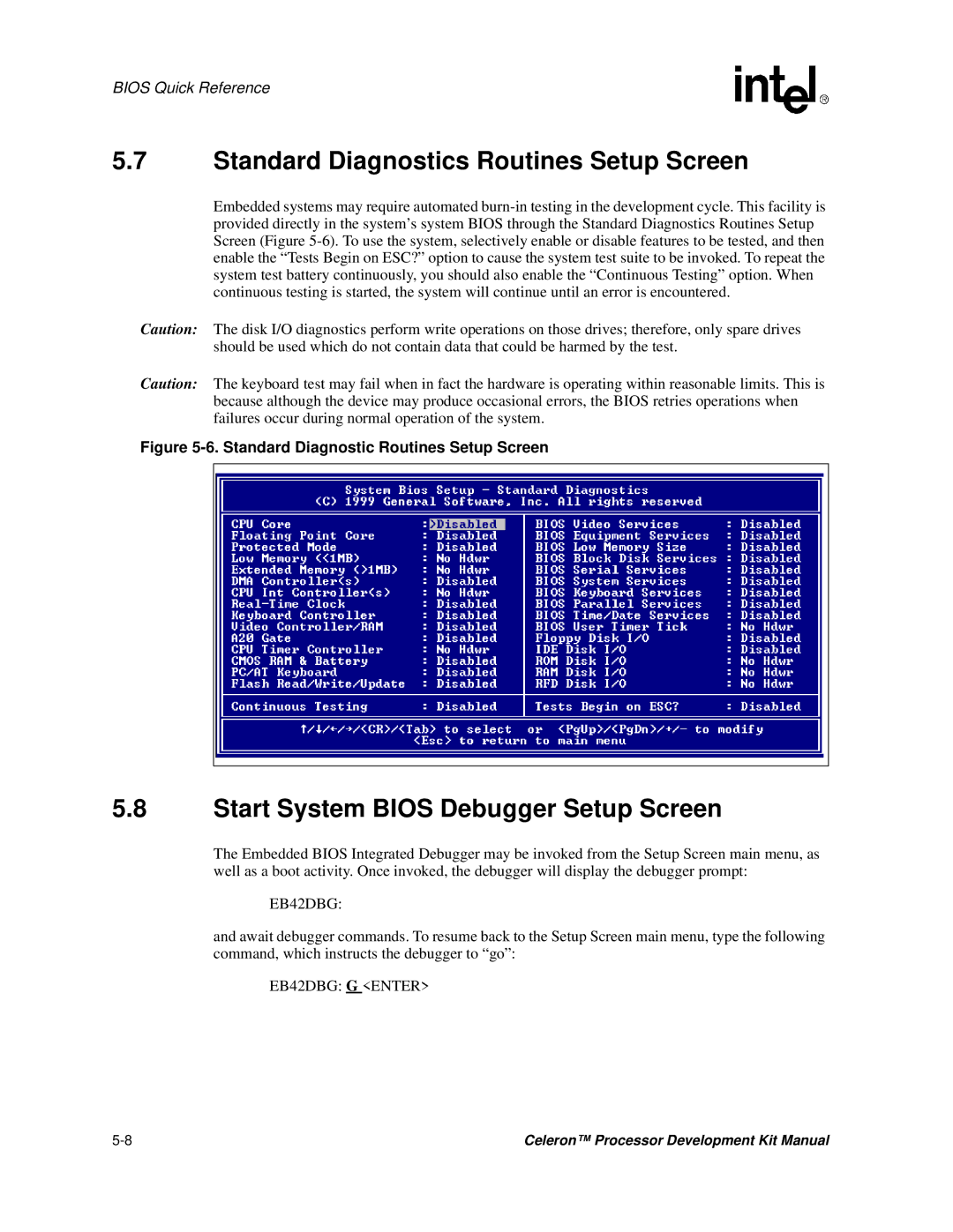 Intel 273246-002 manual Standard Diagnostics Routines Setup Screen, Start System Bios Debugger Setup Screen 