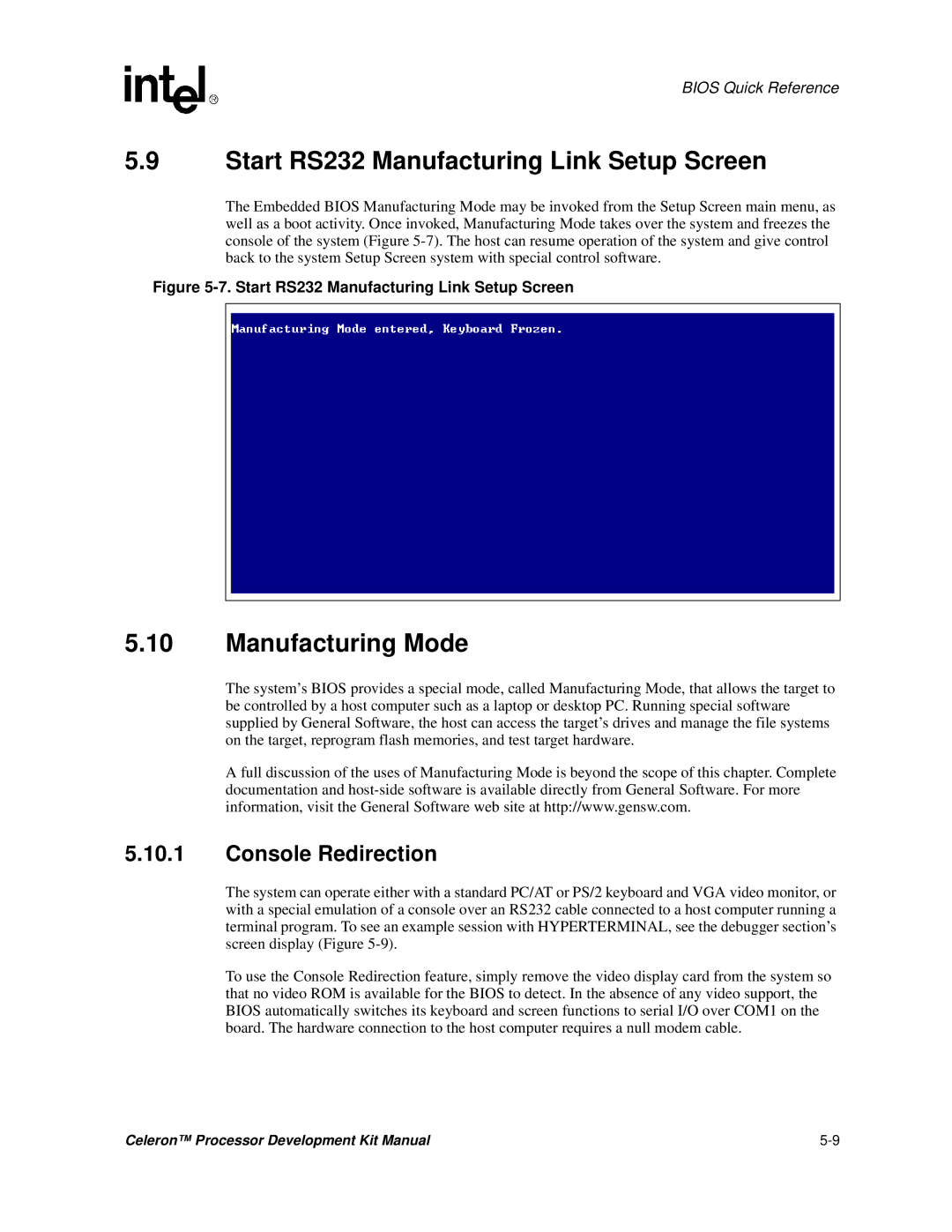 Intel 273246-002 manual Start RS232 Manufacturing Link Setup Screen, Manufacturing Mode, Console Redirection 