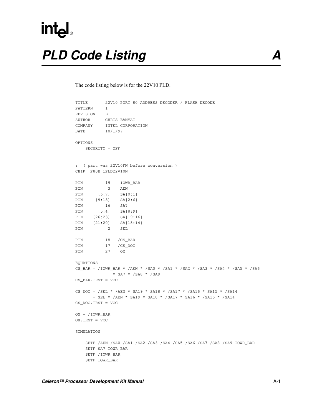 Intel 273246-002 manual PLD Code Listing 