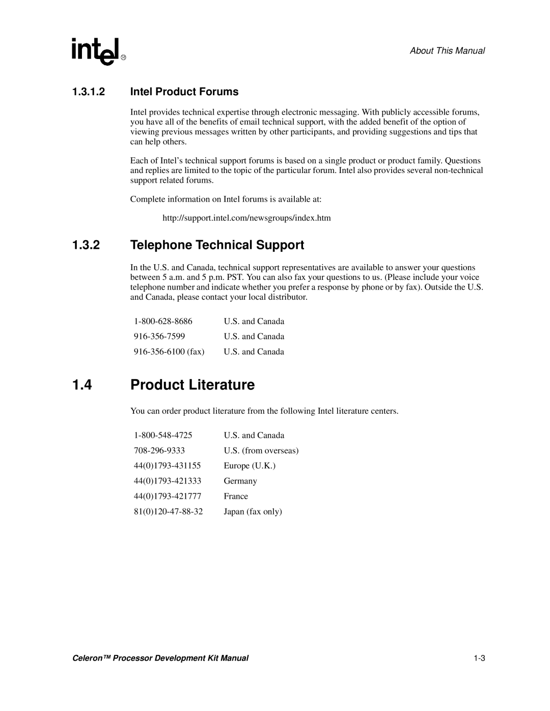 Intel 273246-002 manual Product Literature, Telephone Technical Support 