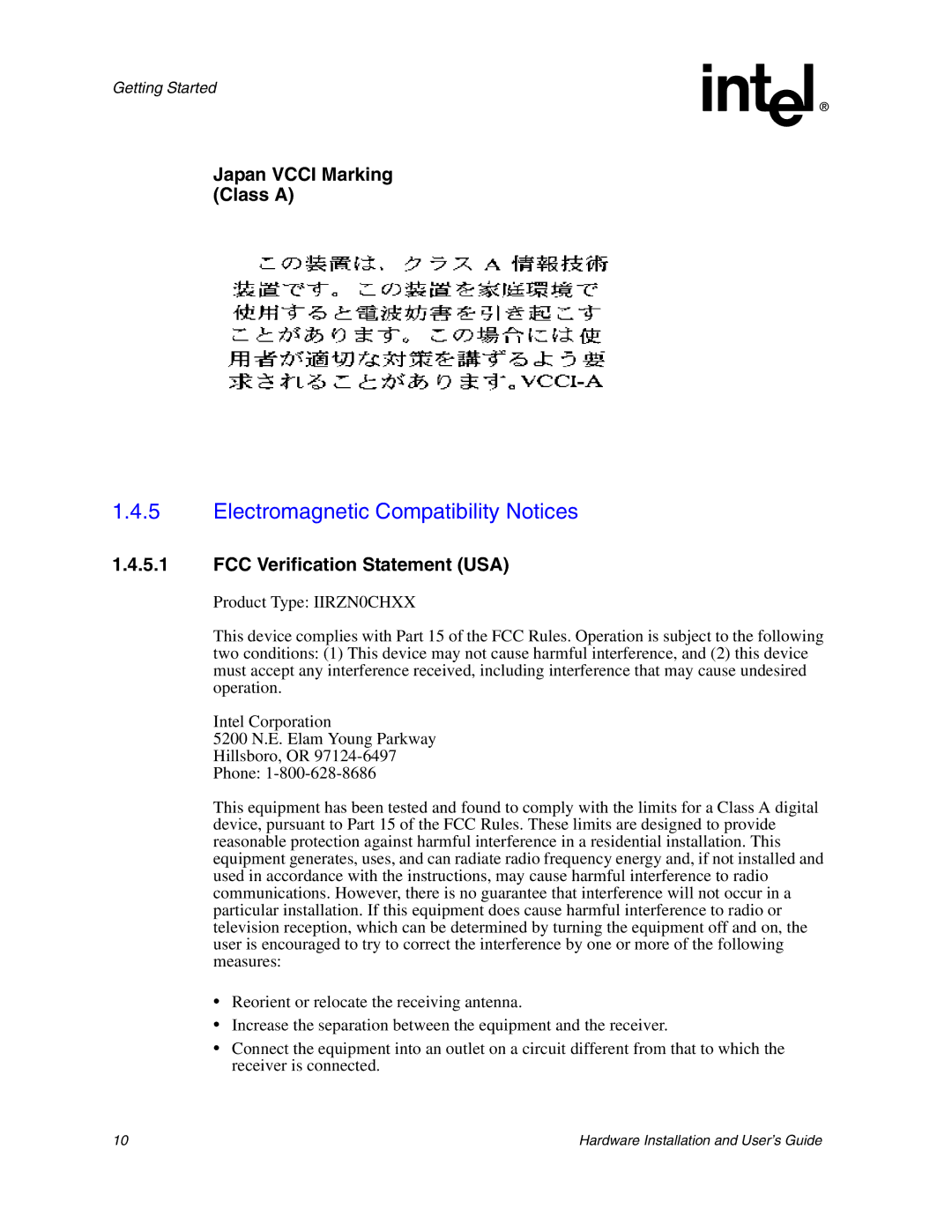 Intel 273561-003 manual Electromagnetic Compatibility Notices, Japan Vcci Marking Class a, FCC Verification Statement USA 