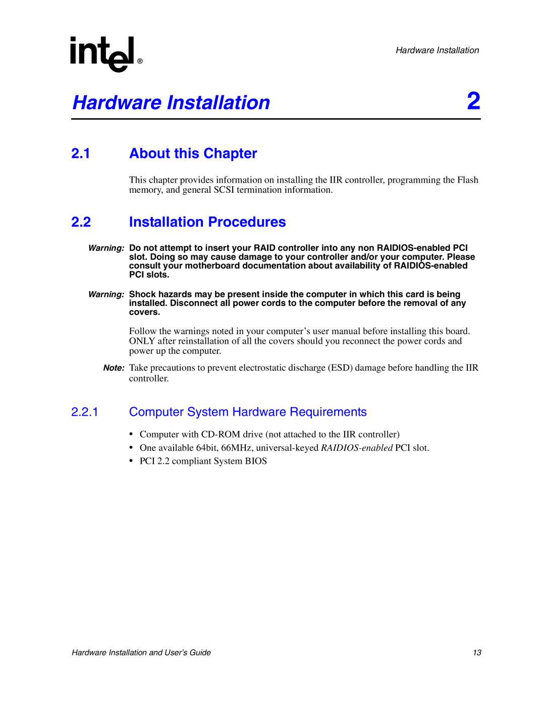 Intel 273561-003 manual About this Chapter, Installation Procedures, Computer System Hardware Requirements 