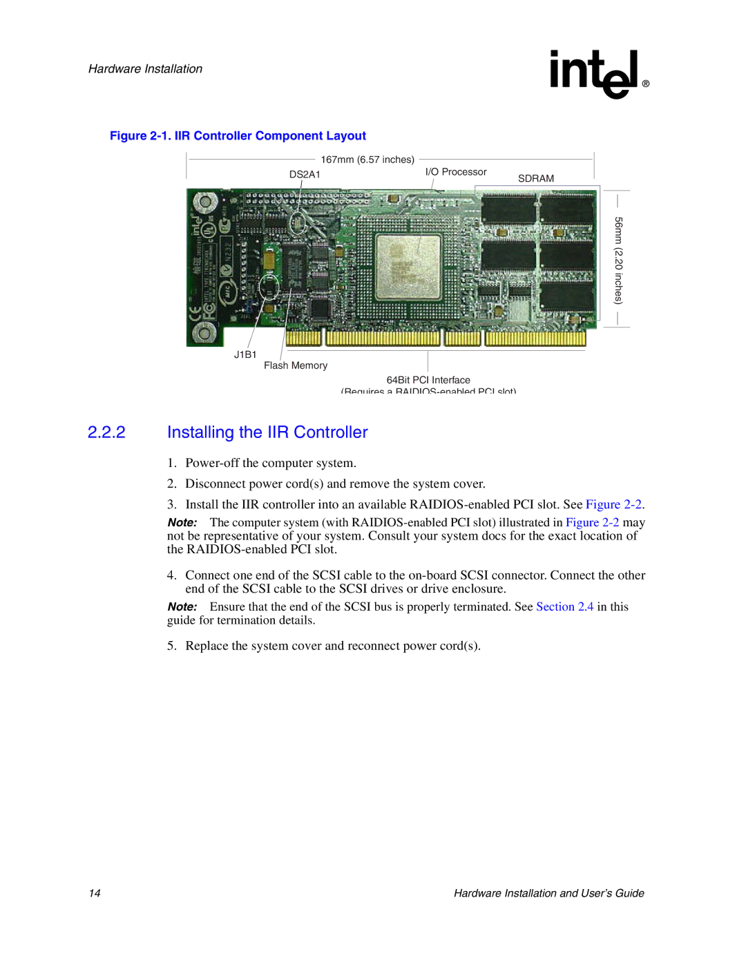 Intel 273561-003 manual Installing the IIR Controller, IIR Controller Component Layout 