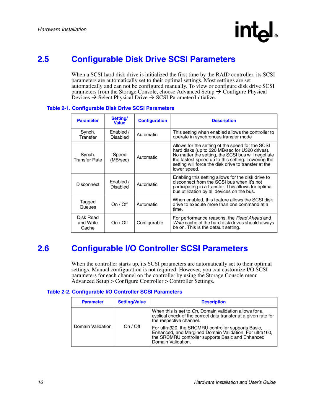 Intel 273561-003 manual Configurable Disk Drive Scsi Parameters, Configurable I/O Controller Scsi Parameters 