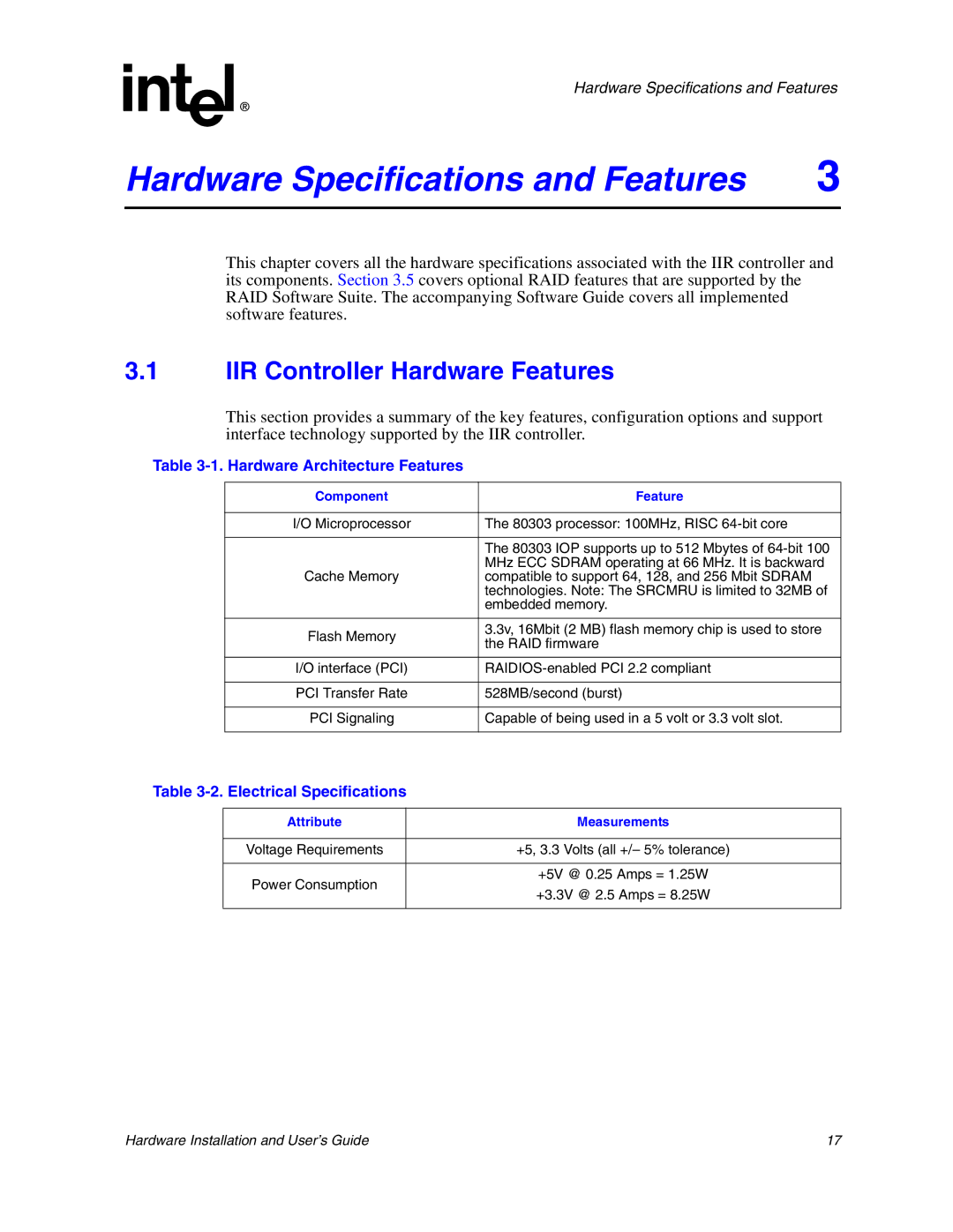 Intel 273561-003 manual IIR Controller Hardware Features, Hardware Architecture Features, Electrical Specifications 