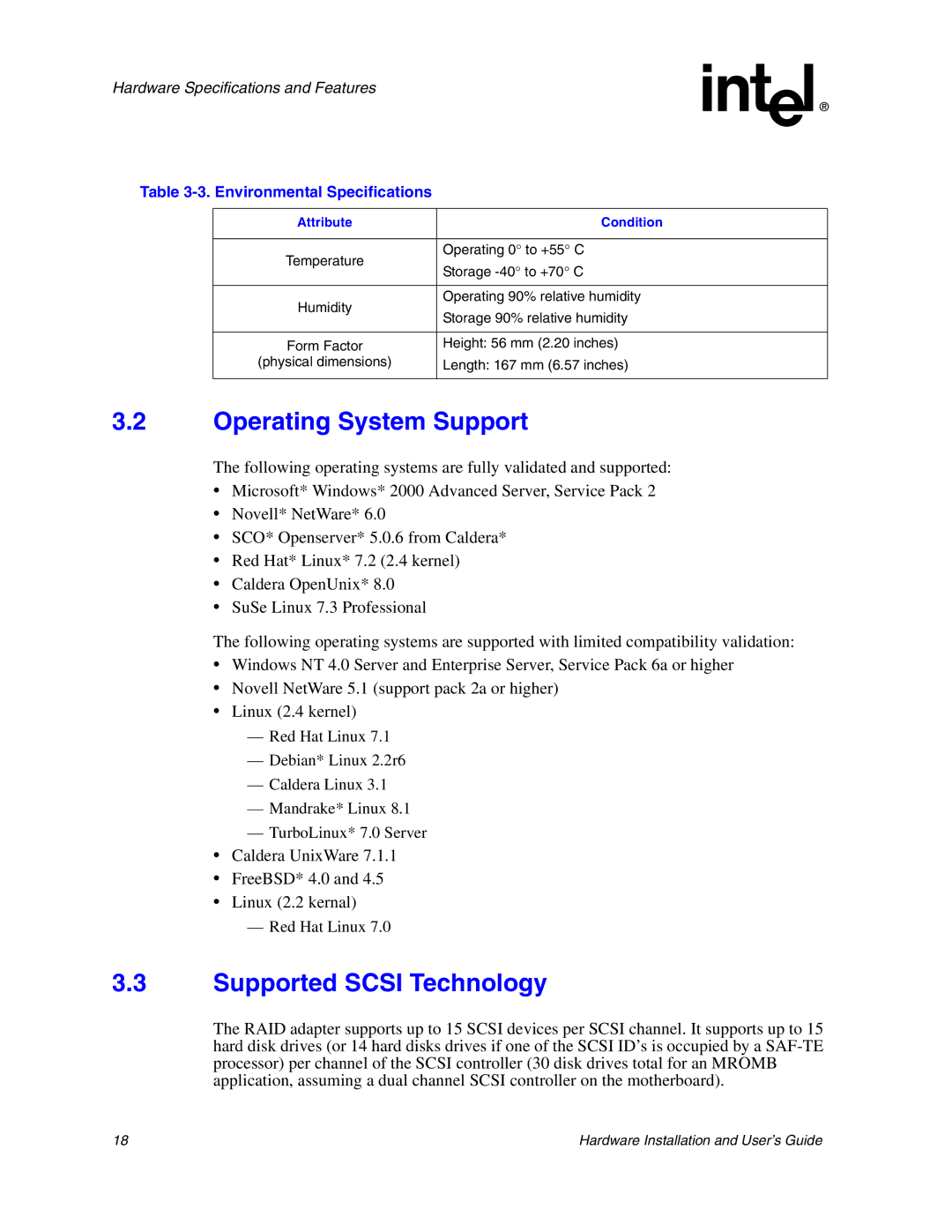 Intel 273561-003 manual Operating System Support, Supported Scsi Technology, Environmental Specifications 