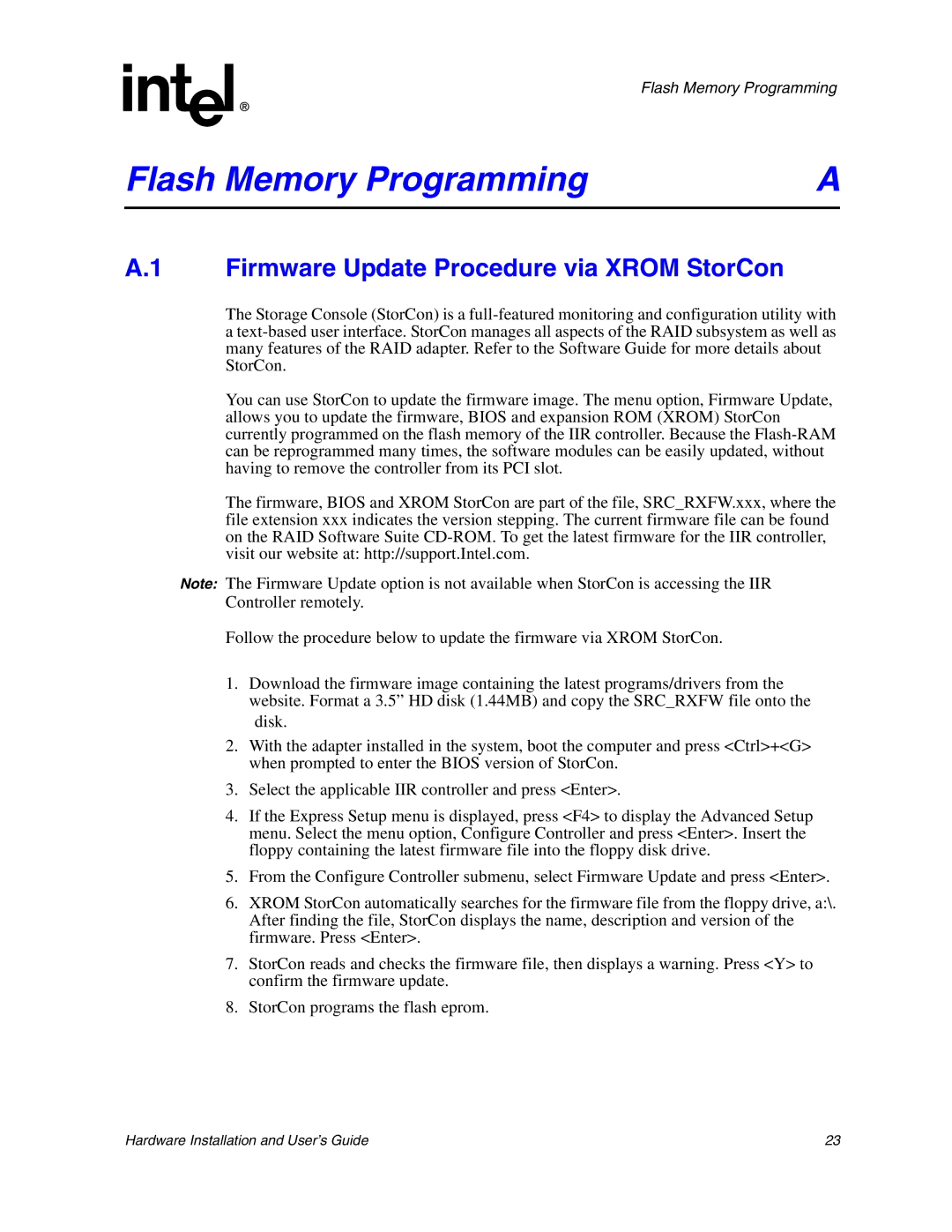 Intel 273561-003 manual Flash Memory Programming, Firmware Update Procedure via Xrom StorCon 