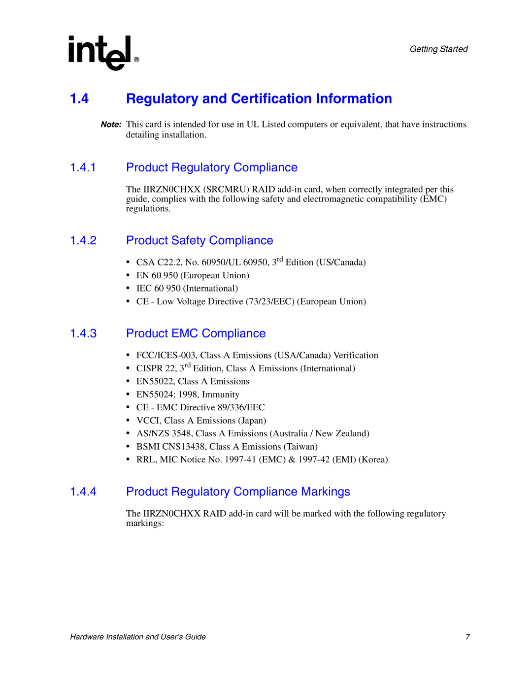 Intel 273561-003 manual Regulatory and Certification Information, Product Regulatory Compliance, Product Safety Compliance 