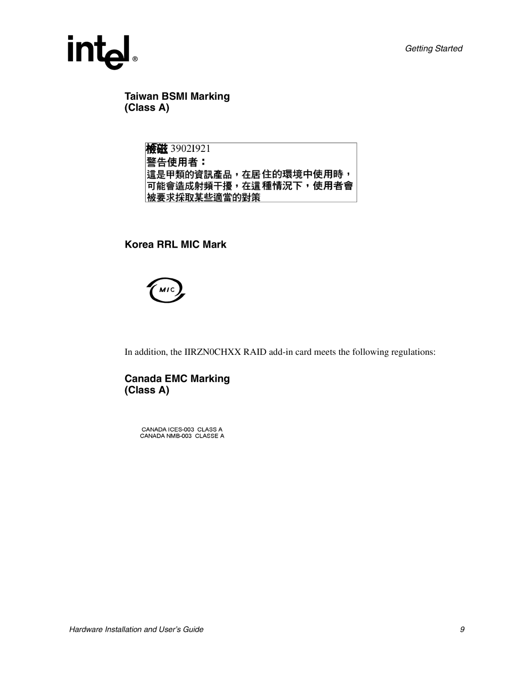 Intel 273561-003 manual Taiwan Bsmi Marking Class a Korea RRL MIC Mark, Canada EMC Marking Class a 