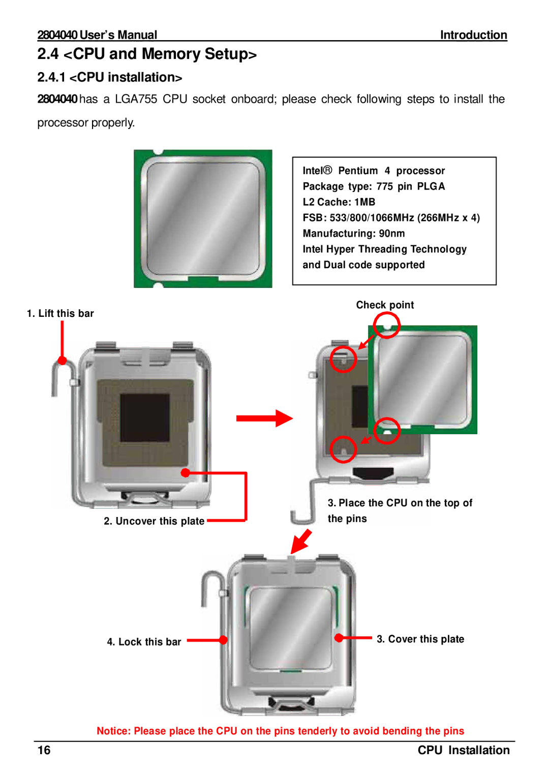 Intel 2804040 user manual CPU and Memory Setup, CPU installation, CPU Installation 