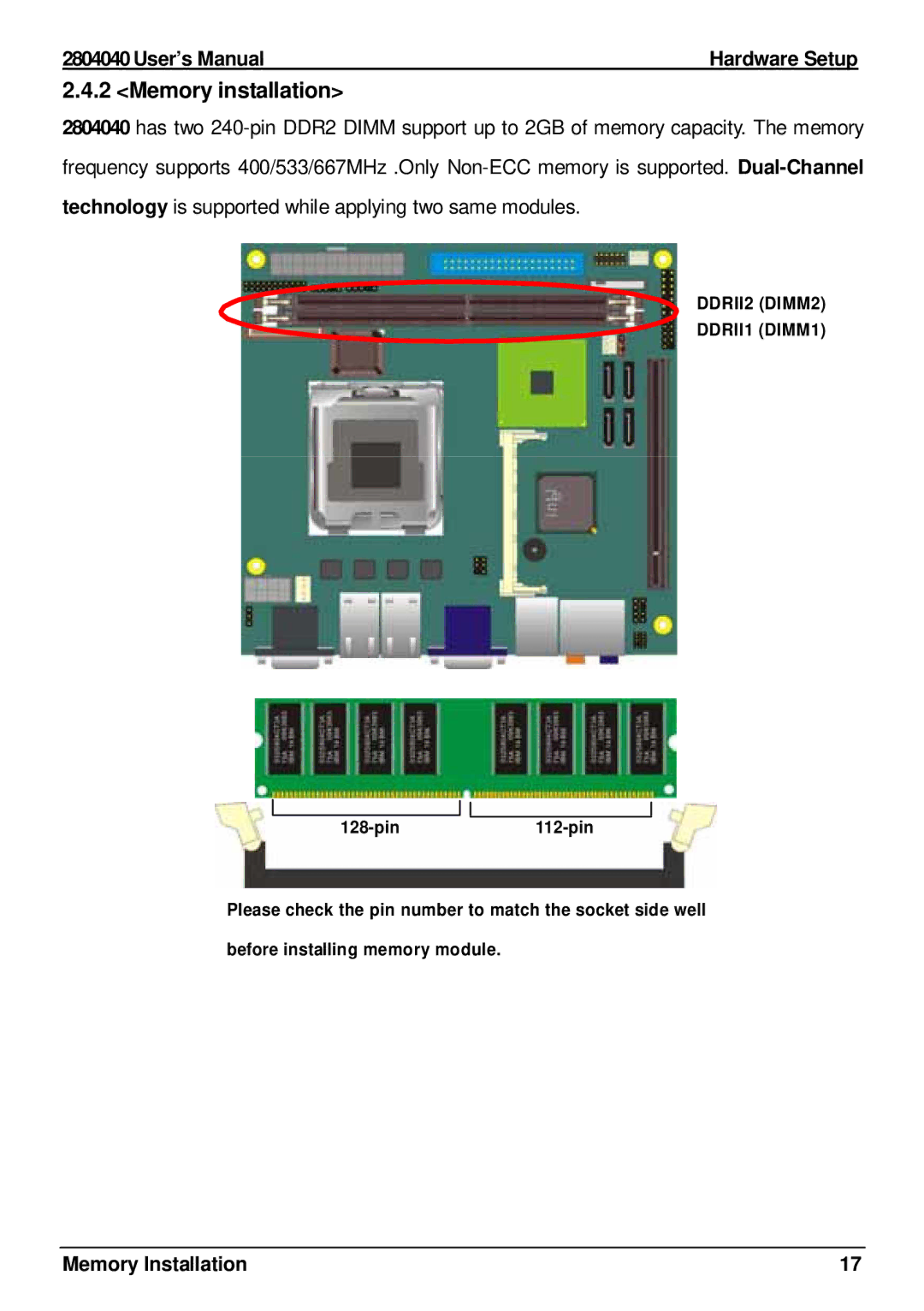 Intel 2804040 user manual Memory installation, Memory Installation 