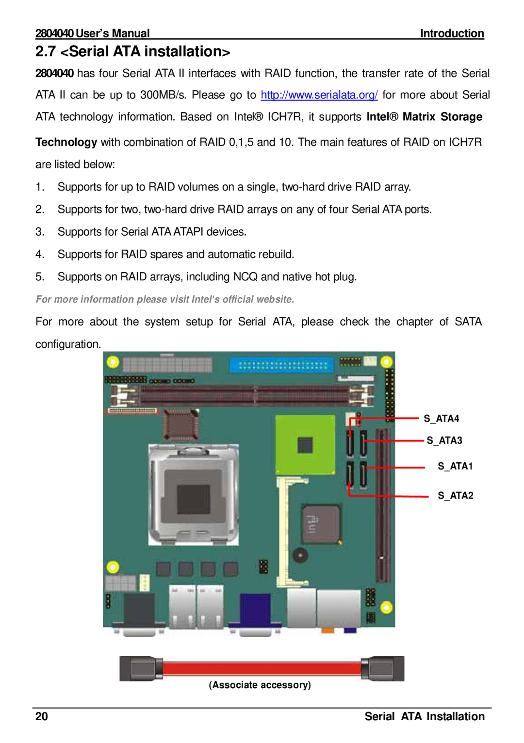 Intel 2804040 user manual Serial ATA installation, Serial ATA Installation 