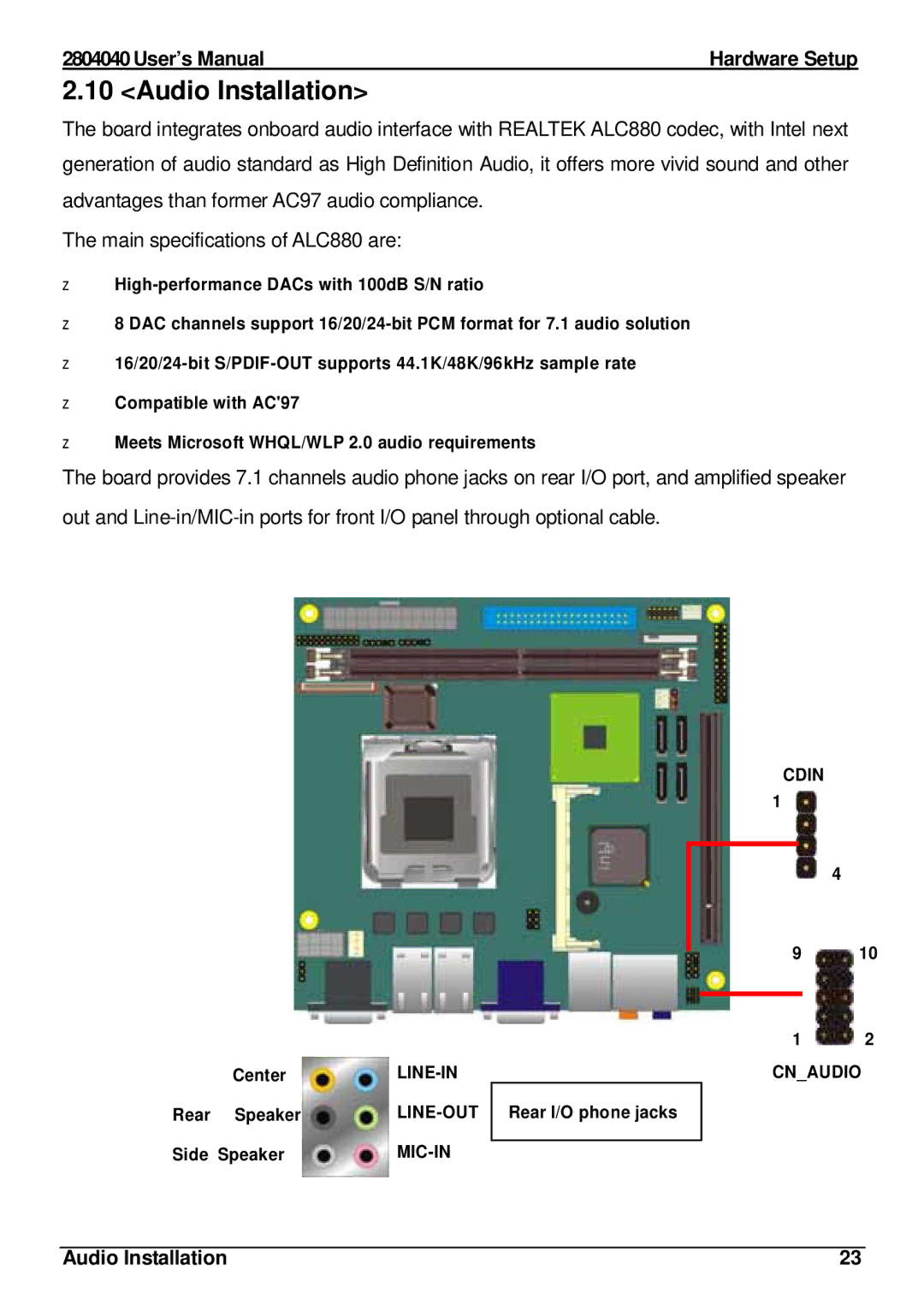 Intel 2804040 user manual Audio Installation 