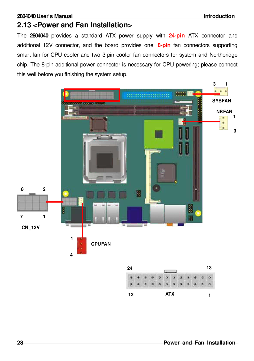 Intel 2804040 user manual Power and Fan Installation 