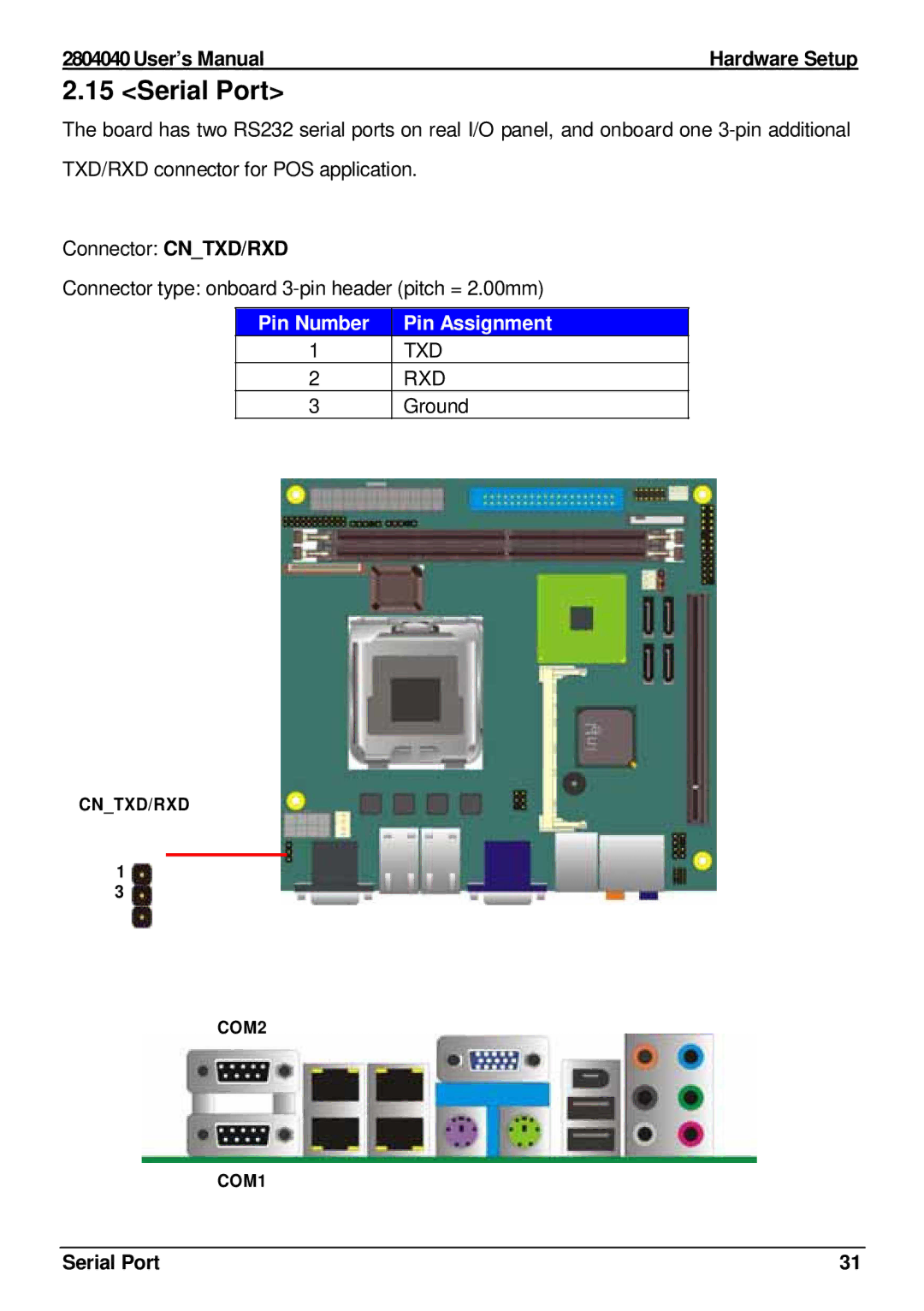 Intel 2804040 user manual Serial Port, Pin Number Pin Assignment 