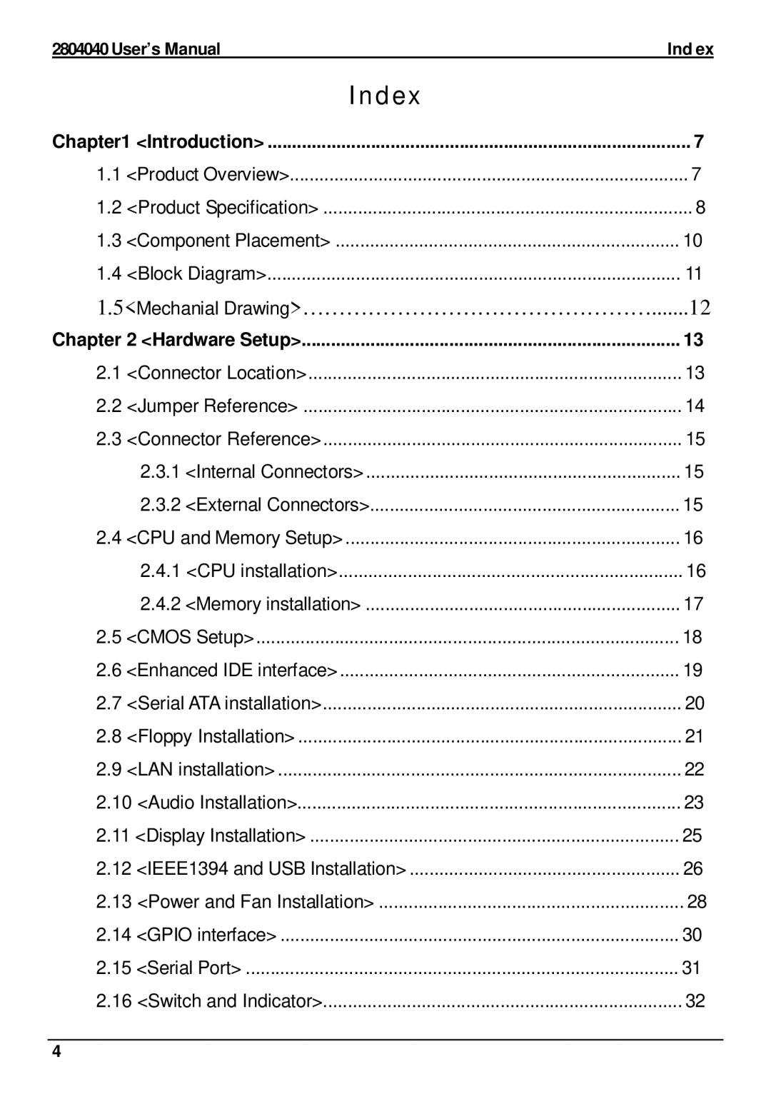 Intel 2804040 user manual Index, User’s ManualInd ex, Introduction, Hardware Setup 