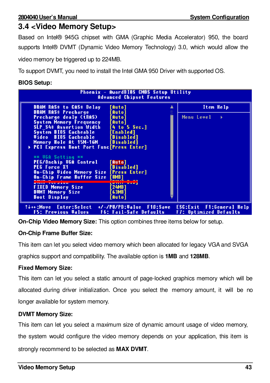 Intel 2804040 user manual Video Memory Setup 