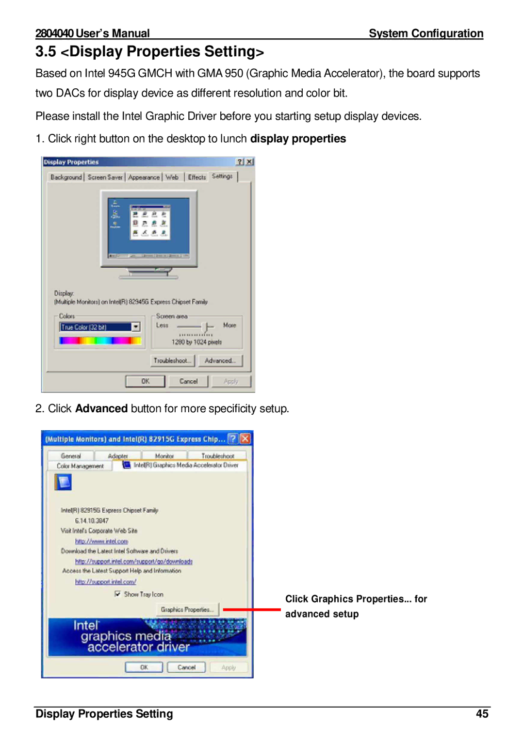 Intel 2804040 user manual Display Properties Setting 