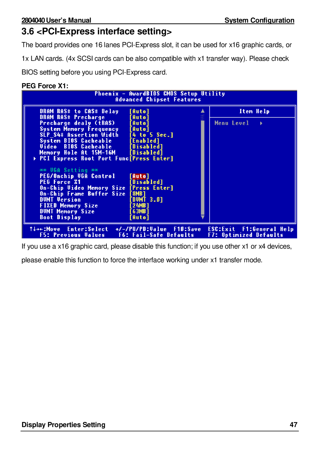 Intel 2804040 user manual PCI-Express interface setting, PEG Force 