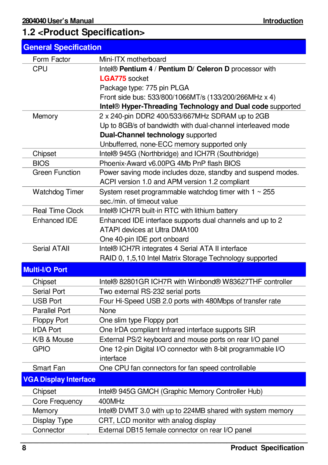 Intel 2804040 user manual Product Specification, Multi-I/O Port, VGA Display Interface 