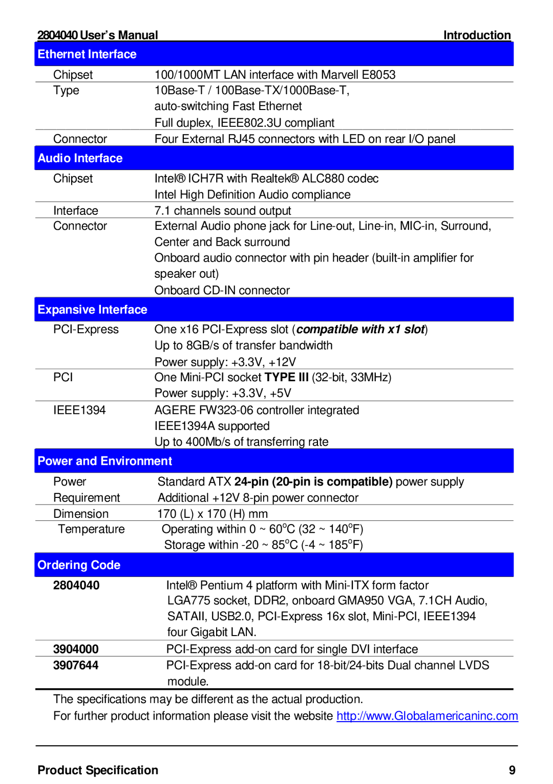 Intel 2804040 user manual Ethernet Interface, Audio Interface, Expansive Interface, Power and Environment, Ordering Code 