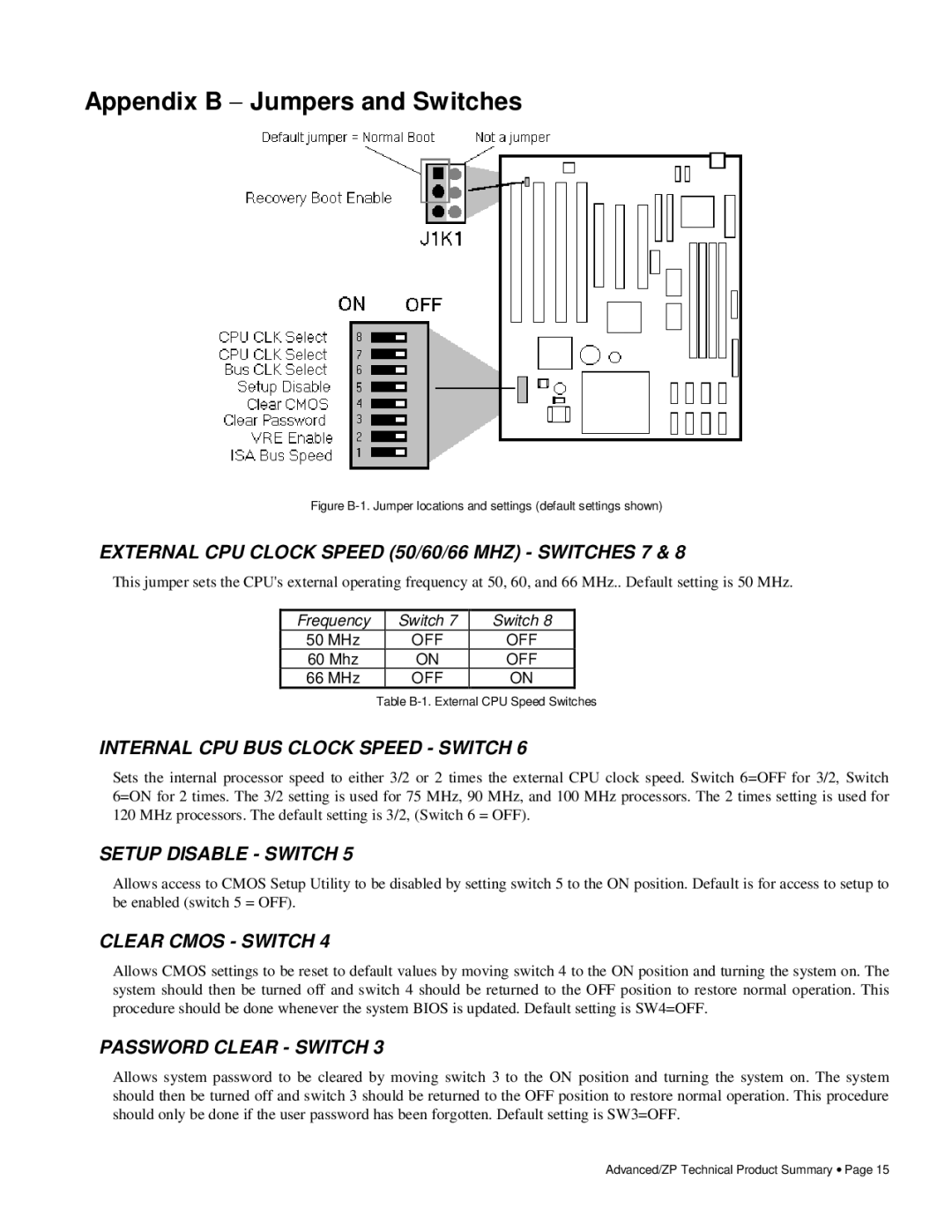 Intel 281786-002 manual Appendix B − Jumpers and Switches 