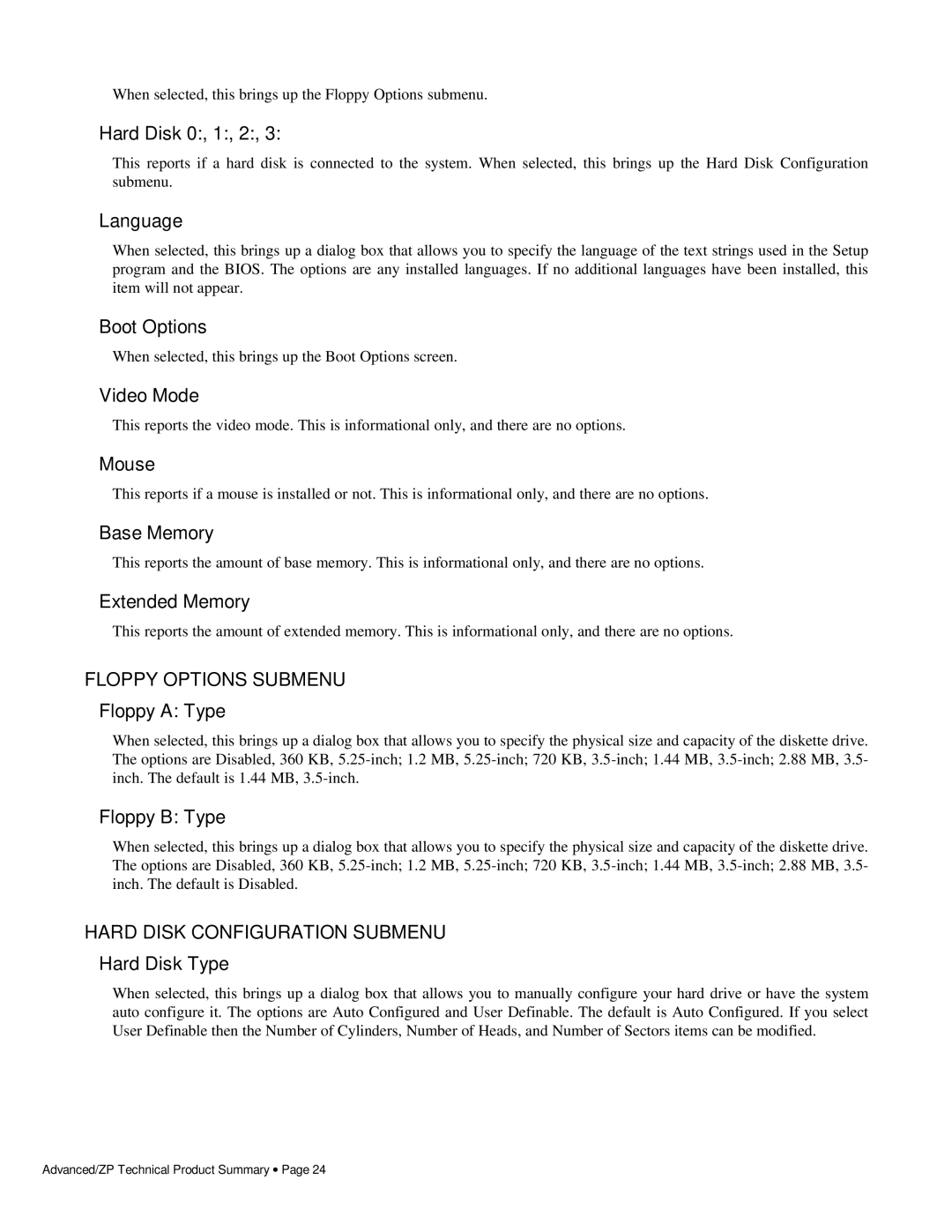 Intel 281786-002 manual Floppy Options Submenu, Hard Disk Configuration Submenu 