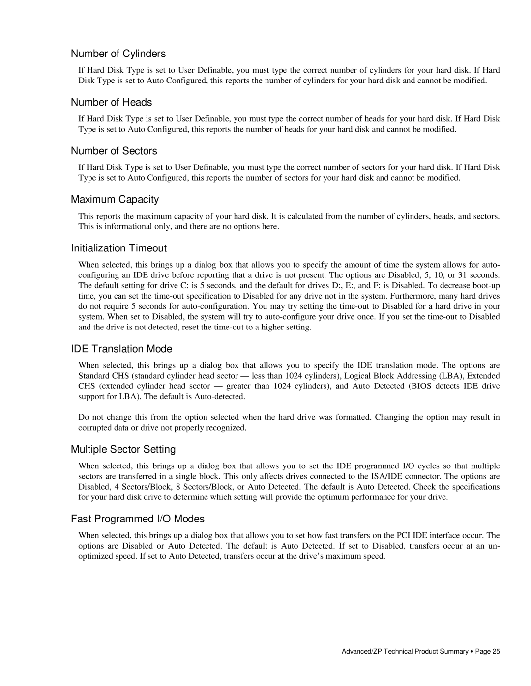 Intel 281786-002 manual Number of Cylinders, Number of Heads, Number of Sectors, Maximum Capacity, Initialization Timeout 