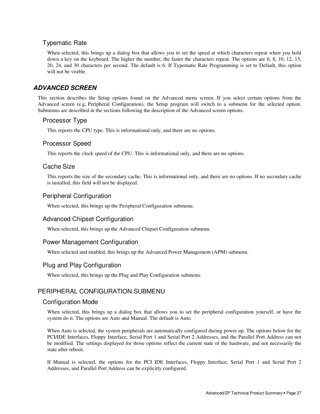 Intel 281786-002 manual Advanced Screen, Peripheral Configuration Submenu 