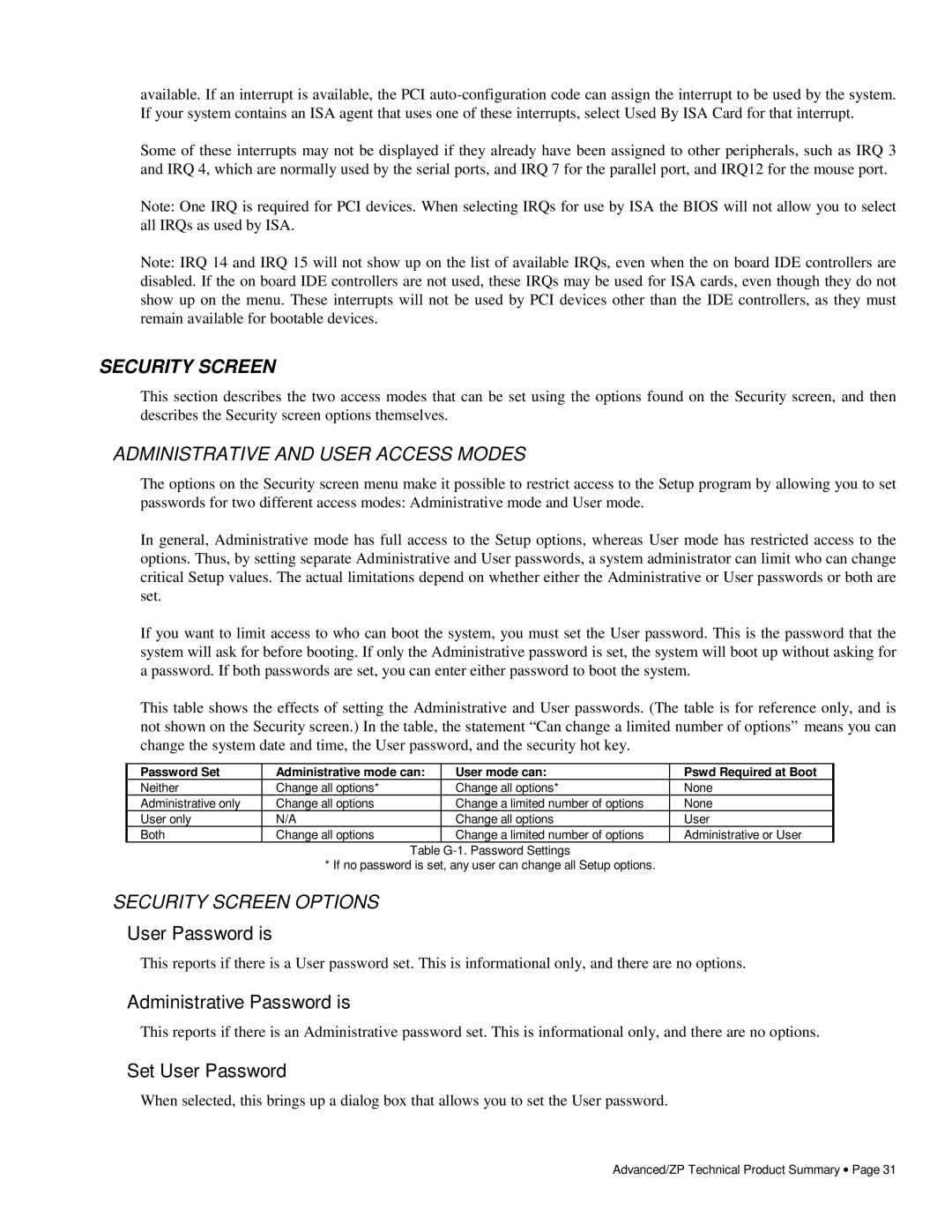 Intel 281786-002 manual Administrative and User Access Modes, Security Screen Options 