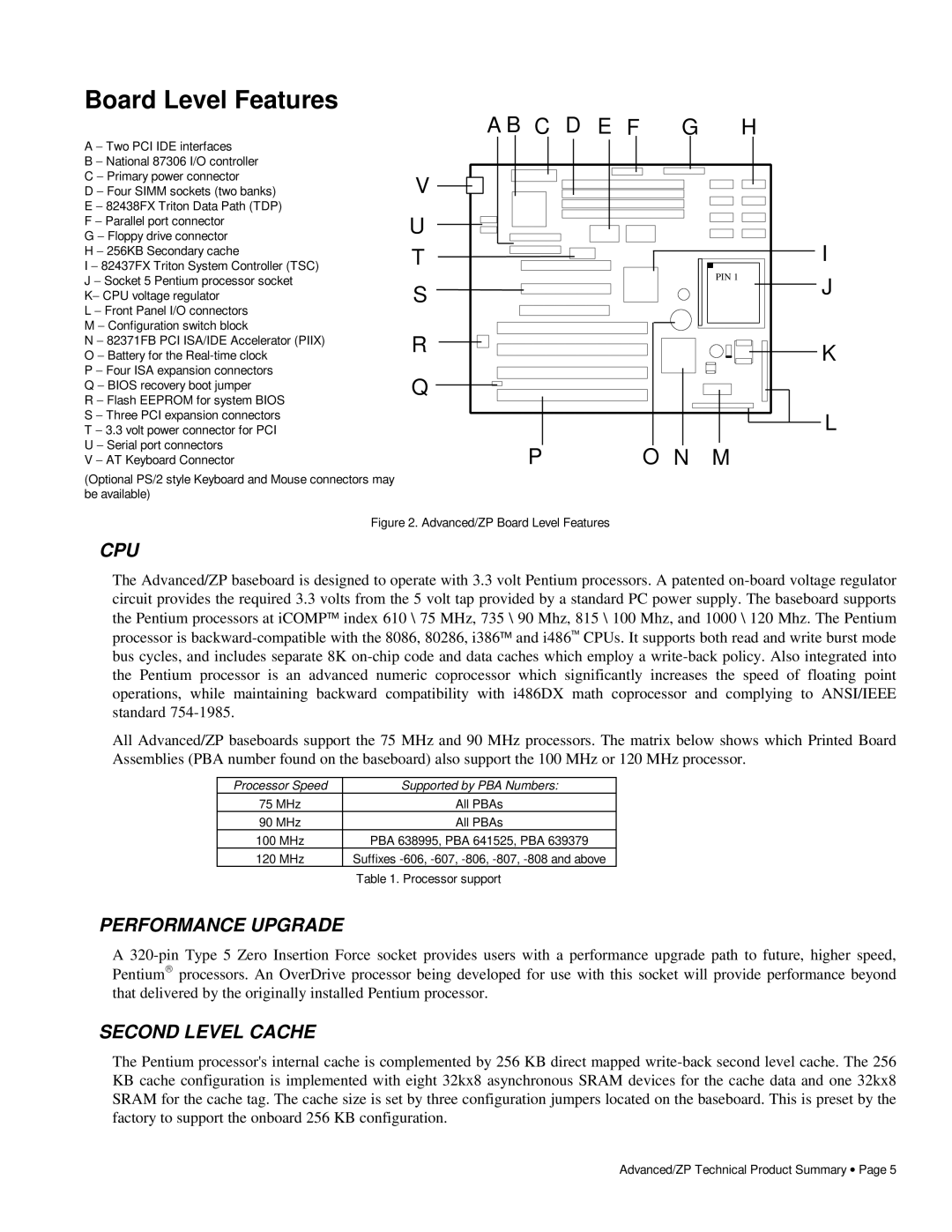 Intel 281786-002 manual Board Level Features, Cpu, Performance Upgrade, Second Level Cache 